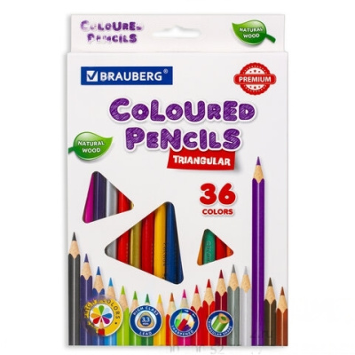 Карандаши цветные BRAUBERG PREMIUM, 36 цветов, трехгранные, грифель мягкий 3,3 мм, 181654