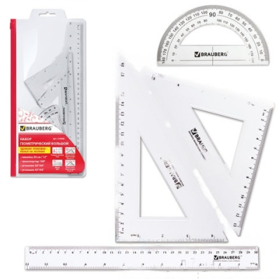 Набор чертежный большой BRAUBERG (линейка 30 см, 2 угольника, транспортир), конверт на молнии, подвес, 210308