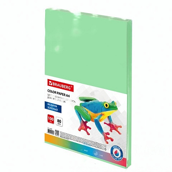 Бумага цветная BRAUBERG, А4, 80 г/м2, 100 л., медиум, зеленая, для офисной техники, 112458