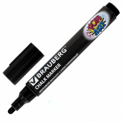 Маркер меловой "POP-ART" ЧЕРНЫЙ, 5 мм, стираемый, для гладких поверхностей, BRAUBERG, 151534