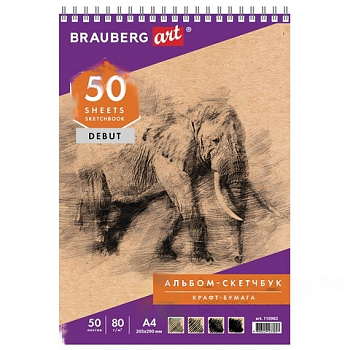 Скетчбук, крафт-бумага 80 г/м2, 205х290 мм, 50 л., гребень, жёсткая подложка, BRAUBERG ART DEBUT, 110982
