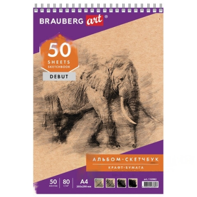 Скетчбук, крафт-бумага 80 г/м2, 205х290 мм, 50 л., гребень, жёсткая подложка, BRAUBERG ART DEBUT, 110982