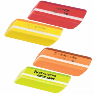 Ластик большой BRAUBERG "Fresh Zone", 60х18х12 мм, цвет ассорти, прямоугольный, скошенный, 228717