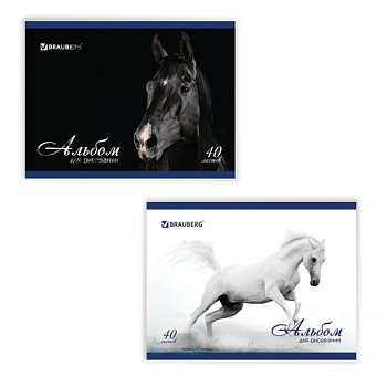 Альбом для рисования, А4, 40 листов, скоба, обложка картон, BRAUBERG, 200х283 мм, "Благородные кони" (2 вида), 103728
