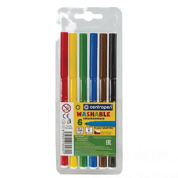 Фломастеры 6 ЦВЕТОВ CENTROPEN "Washable", смываемые, вентилируемый колпачок, 7790/6TP, 7 7790 0685