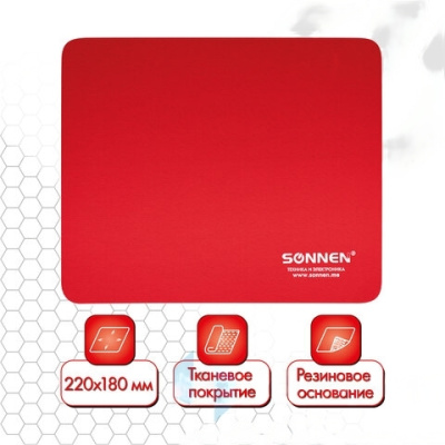 Коврик для мыши SONNEN "RED", резина + ткань, 220х180х3 мм, 513306