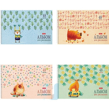 Альбом для рисования А4 48 л., спираль, обложка картон, HATBER, 205х290 мм, "Счастливчики" (4 в спайке), 48А4Всп