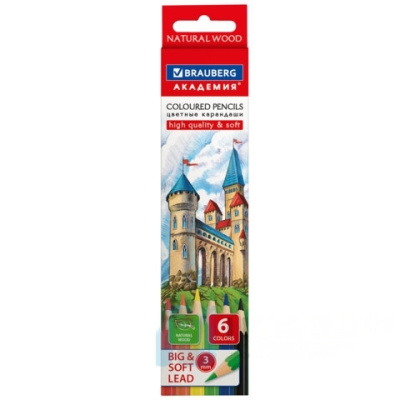 Карандаши цветные мягкие BRAUBERG АКАДЕМИЯ, 6 цветов, шестигранные, грифель 3 мм, 181863