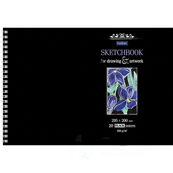 Скетчбук, черная бумага 160 г/м2, 200х295 мм, 20 л., гребень, HATBER Premium, Ирисы, 20А4Aгр_23480