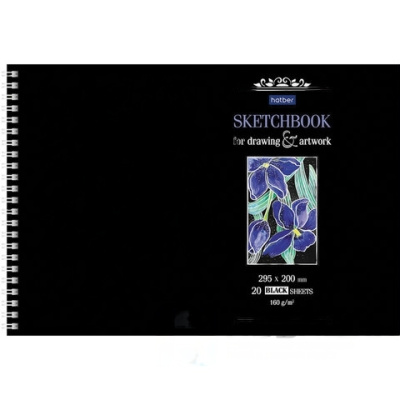 Скетчбук, черная бумага 160 г/м2, 200х295 мм, 20 л., гребень, HATBER Premium, Ирисы, 20А4Aгр_23480