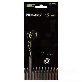 Карандаши цветные BRAUBERG "Black Jack", 12 цв., трехгранные, черное дерево, заточенные, картонная упаковка, 180834