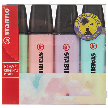 Набор текстовыделителей STABILO 4 шт., "Boss Pastel", ПАСТЕЛЬ АССОРТИ, линия 2-5 мм, 70/4-2