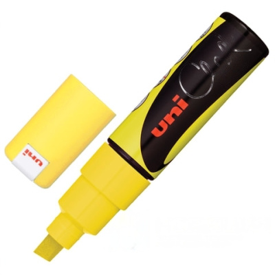 Маркер меловой UNI "Chalk", 8 мм, ЖЕЛТЫЙ, влагостираемый, для гладких поверхностей, PWE-8K F.YELLOW