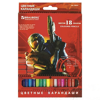 Карандаши цветные BRAUBERG "Star Patrol", 18 цветов, заточенные, картонная упаковка, 180547