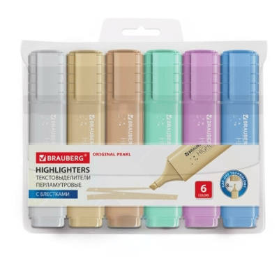 Набор текстовыделителей перламутровых 6 ЦВЕТОВ, BRAUBERG ORIGINAL PEARL, линия 1-5 мм, 152430