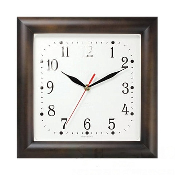 Часы настенные TROYKA 81863835, квадрат, белые, коричневая рамка, 29х29х3,5 см