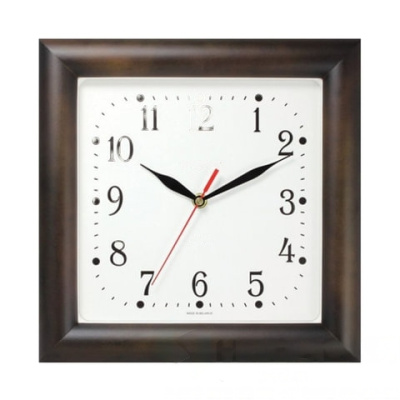 Часы настенные TROYKA 81863835, квадрат, белые, коричневая рамка, 29х29х3,5 см