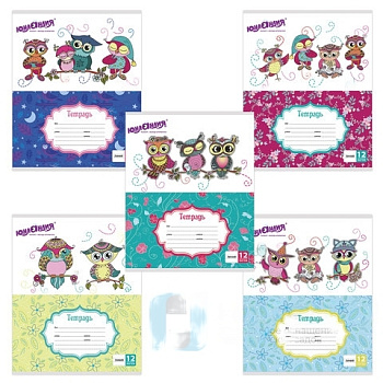 Тетрадь 12 л. ЮНЛАНДИЯ линия, обложка картон, "УМНЫЕ СОВЫ", 104912