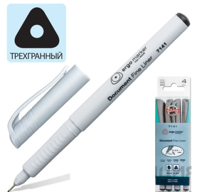 Набор капиллярных ручек (линеров) KOH-I-NOOR 4 шт., ЧЕРНЫЕ, трехгранные, линия письма 0,25/0,5/0,75/1 мм, 777141JD01PK