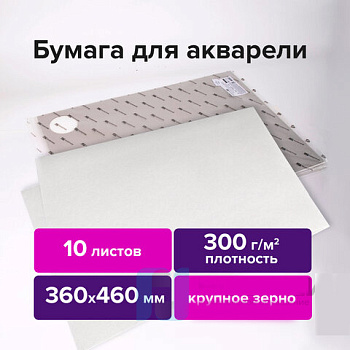 Бумага для акварели 300 г/м2 360x460 мм крупное зерно, 10 листов, BRAUBERG ART PREMIERE, 113229