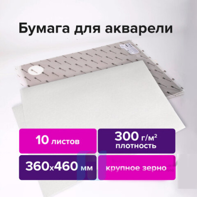 Бумага для акварели 300 г/м2 360x460 мм крупное зерно, 10 листов, BRAUBERG ART PREMIERE, 113229