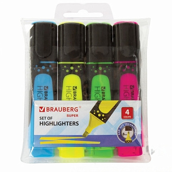 Набор текстовыделителей BRAUBERG 4 шт., АССОРТИ, "SUPER", прорезиненный корпус, линия 1-5 мм, 151746