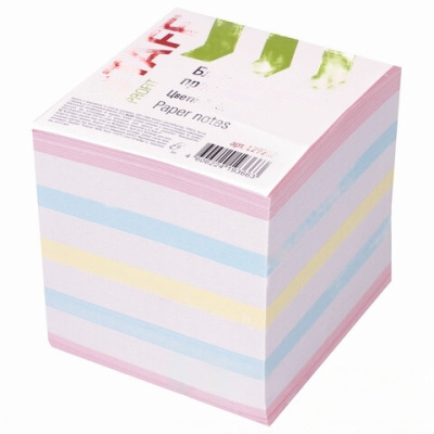 Блок для записей STAFF проклеенный, куб 9х9х9 см, цветной, чередование с белым, 129208