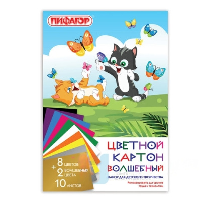 Картон цветной А4 немелованный (матовый), ВОЛШЕБНЫЙ, 10 листов 10 цветов, в папке, ПИФАГОР, 200х290 мм, Слоник, 129911