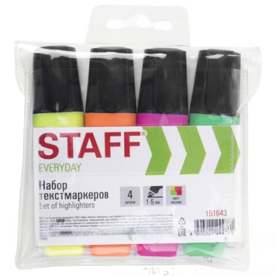 Набор текстовыделителей STAFF "EVERYDAY", 4 шт., АССОРТИ, линия 1-5 мм, 151643