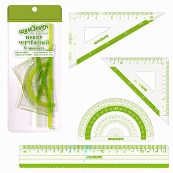 Набор чертежный ЮНЛАНДИЯ "ГЕОМЕТРИЯ" (линейка 18 см, 2 треугольника, транспортир), зеленая шкала, 210740