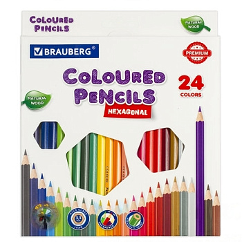 Карандаши цветные BRAUBERG PREMIUM, 24 цвета, шестигранные, грифель мягкий 3,3 мм, 181658