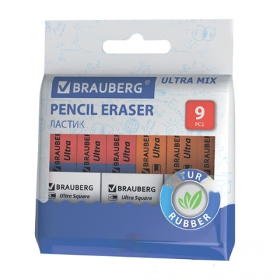 Ластики BRAUBERG "Ultra Mix" 9 шт., размер ластика 41х14х8 мм/29х18х8 мм, натуральный каучук, 229604