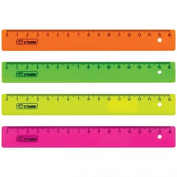 Линейка пластиковая 16 см, СТАММ, флуоресцентная, ассорти, 4 цвета, ЛН01