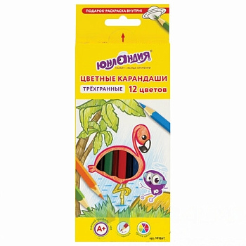 Карандаши цветные супермягкие ЮНЛАНДИЯ "ЭКЗОТИКА", 12 цветов, трехгранные, с раскраской, 181647