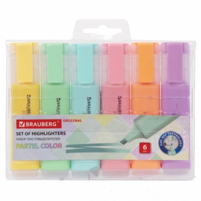 Набор текстовыделителей BRAUBERG 6 шт., АССОРТИ, "ORIGINAL PASTEL", линия 1-5 мм, 151698