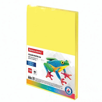 Бумага цветная BRAUBERG, А4, 80 г/м2, 100 л., медиум, желтая, для офисной техники, 112454