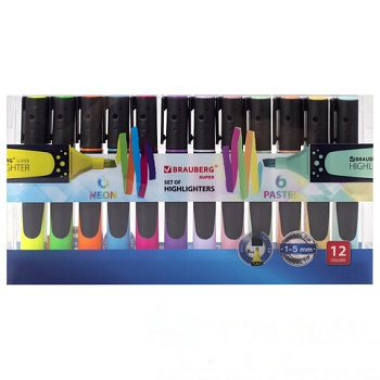 Набор текстовыделителей BRAUBERG 12 шт., АССОРТИ, "SUPER", прорезиненный корпус, линия 1-5 мм, 151758