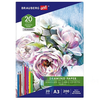 Бумага для рисования в папке БОЛЬШАЯ А3, 20 л., 200 г/м2, ВАТМАН ГОЗНАК, BRAUBERG ART CLASSIC, 114491