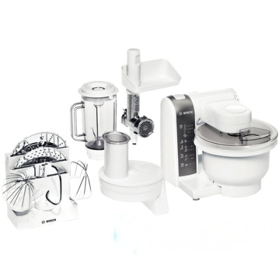 Кухонный комбайн BOSCH MUM4855, мощность 600 Вт, 4 скорости, блендер, мясорубка, 5 насадок, белый