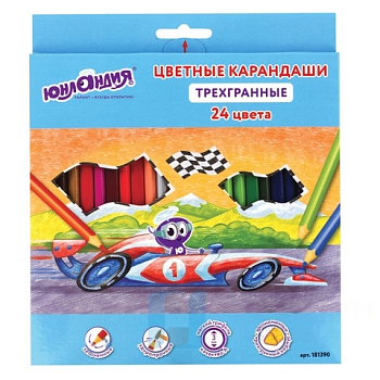 Карандаши цветные ЮНЛАНДИЯ "ЮНЛАНДИК БЫСТРЕЕ ВСЕХ", 24 цвета, трехгранные заточенные, 181390