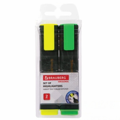 Набор текстовыделителей BRAUBERG 2 шт., ЖЕЛТЫЙ/ЗЕЛЕНЫЙ, "ORIGINAL", линия 1-5 мм, 151687