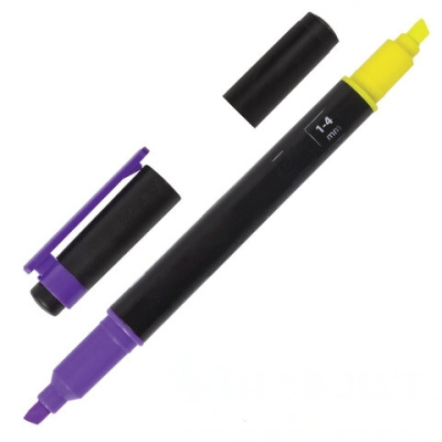 Текстовыделитель двусторонний BRAUBERG, ЖЕЛТЫЙ/ФИОЛЕТОВЫЙ, линия 1-4 мм, 150844