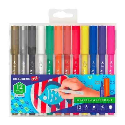 Маркеры акриловые для рисования и хобби BRAUBERG, НАБОР 12 цветов, наконечник 1 мм, 152151