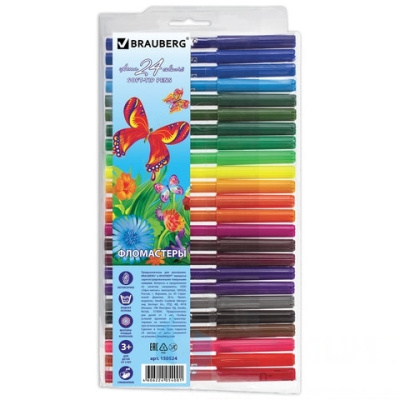 Фломастеры BRAUBERG "Wonderful butterfly", 24 цвета, вентилируемый колпачок, пласт. упаковка, увеличенный срок службы, 150524