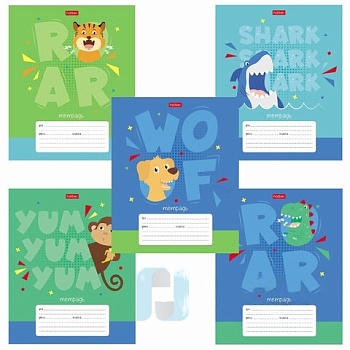 Тетрадь 12 л. HATBER клетка, обложка картон, "Ррррычалки" (5 видов в спайке), 12Т5В1