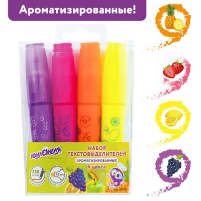 Набор текстовыделителей ЮНЛАНДИЯ 4 шт., АССОРТИ, "ФРУКТЫ", АРОМАТИЗИРОВАННЫЕ, линия 1-5 мм, 151908