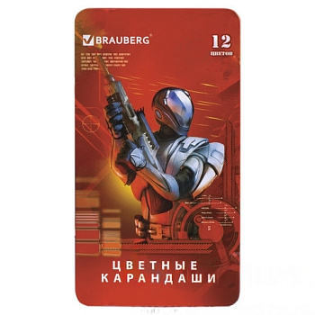 Карандаши цветные BRAUBERG "Star Patrol", 12 цв., заточенные, металлическая упаковка, 180543
