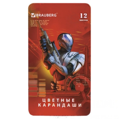 Карандаши цветные BRAUBERG "Star Patrol", 12 цв., заточенные, металлическая упаковка, 180543