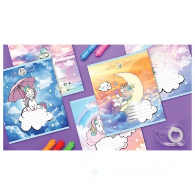 Тетрадь 12 л. ПЗБМ клетка, блестки, "Единорожки" (5 видов), 019418