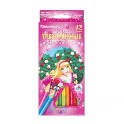 Карандаши цветные BRAUBERG "Rose Angel", 12 цветов, трехгранные, заточенные, картонная упаковка, 180594